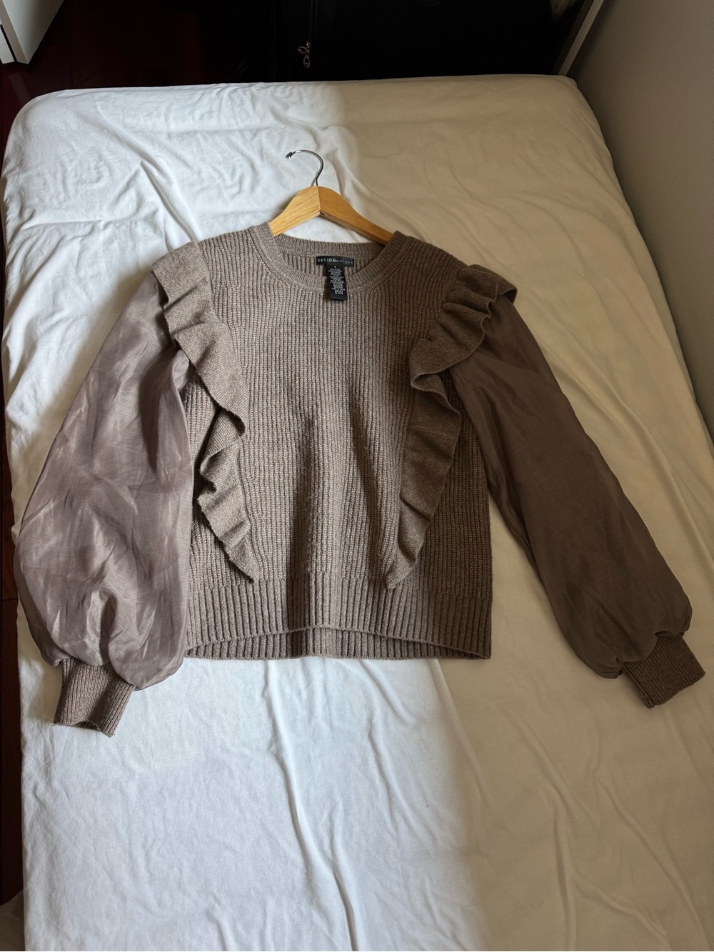 Taupe Ruffle Knit Sweater with Puff Sleeves